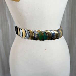 Vintage Size S Stretchy 80's Metal Statement Piece Silver Gold Disk Belt